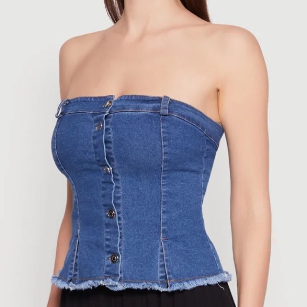 Strapless Frayed Split Hem Denim Tube Top - Medium Wash Blue